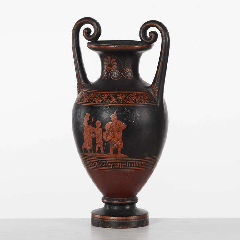 Amphora in classical style after the Greek model with mythological motifs and decoration in the form of leaf work and Meander. Denmark, circa 1840. The vase is done in cast iron.
