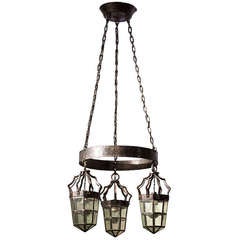 Swedish Jugend Ceiling Lamp in Wrought Iron with Glass and Lead Lamp Covers