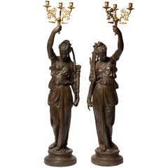 Antique Pair of large 19th Century Cast Iron Candelabras with Candle Holders in Gilt Bronze