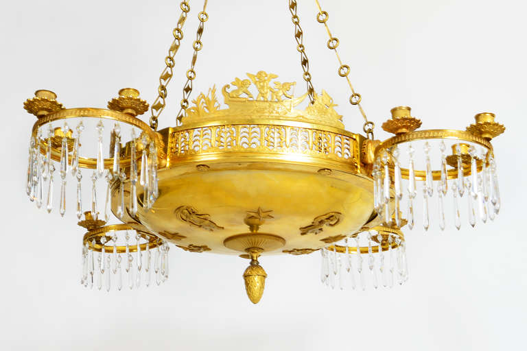 Important Early 19th Century Russian Gilt Bronze and Crystal Glass Lamp