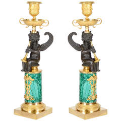 Pair of Russian Malachite Candleholders