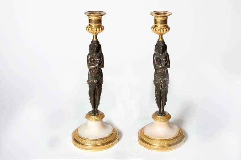 Pair of Bronze and Carrara Marble Candlesticks