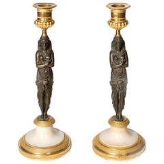 Pair of Bronze and Carrara Marble Candlesticks