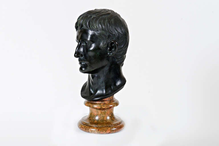 Neoclassical bronze head of the first Emperor and the founder of the Roman Empire.