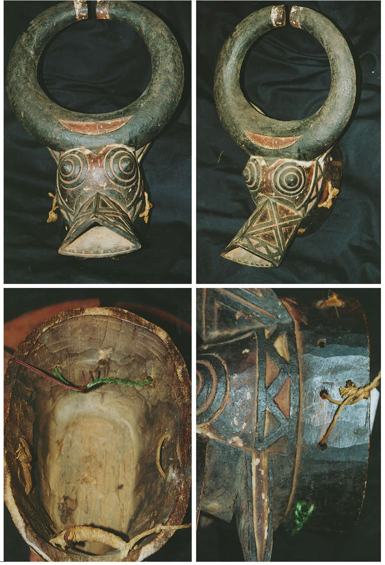 Buffalo mask carved by the Nunuma tribe (also called Bwa), Burkina Faso. Medium-hard wood with black and reddish brown pigment some white. Provenance: Collected in Tisse village in 1998 by Ben Hunter, London. N.B. Light beige cotton fibre bit plus