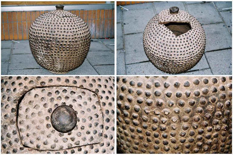 Spiked Lobi pot with lid from W. Burkina Faso. Burnt clay. Sometimes used to store beer. Provenance: Otis Diallo.