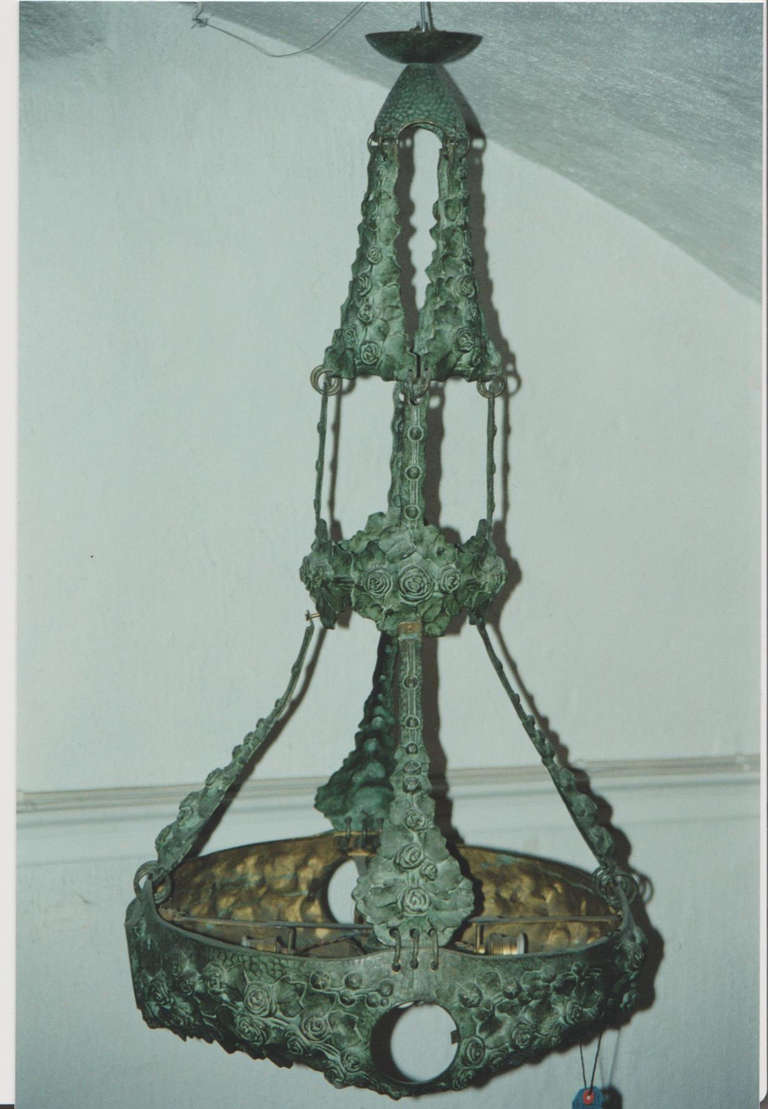 Bronze lamp made in Jugend style. Designed by Alice Nordin(signed) 1873-1948. Green patinated bronze with four small and one large opaque white glass cover are missing. We are selling as is.