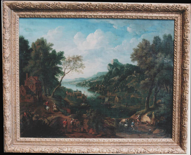 Rheinish landscape with staffage. Oil on canvas. Signed: HVO 1726. Hermanus van Oudenhoven, artist from Antwerpen. Condition: Some wear, a few small, old retouches. Three or four new retouches. Cleaned plus new varnish.