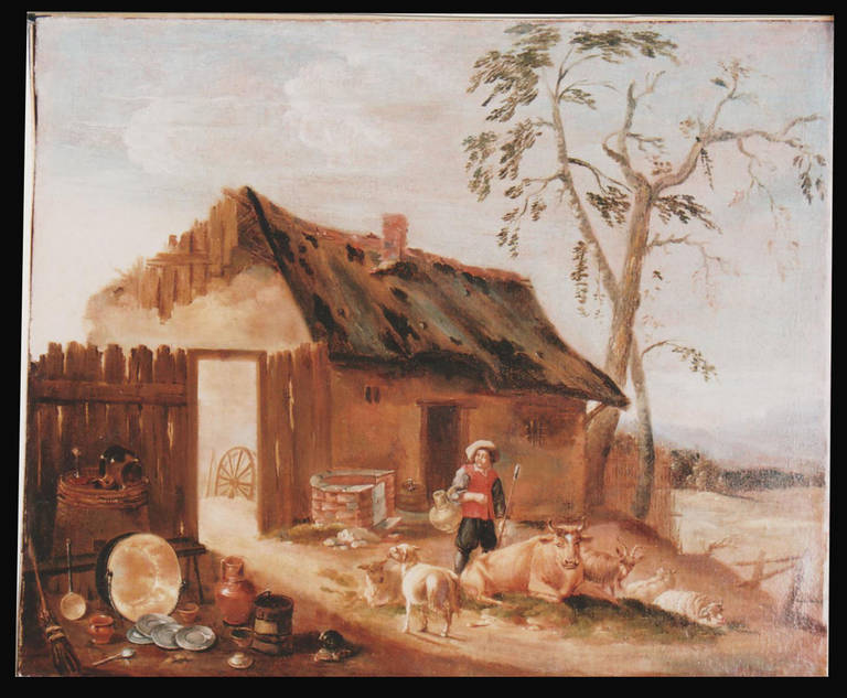 Dutch farmer with animals and plates etc. Oil on canvas, relined. Unsigned, but probably made by a Dutch artist. Cleaned canvas; new varnish. Gilded 19th century frame.