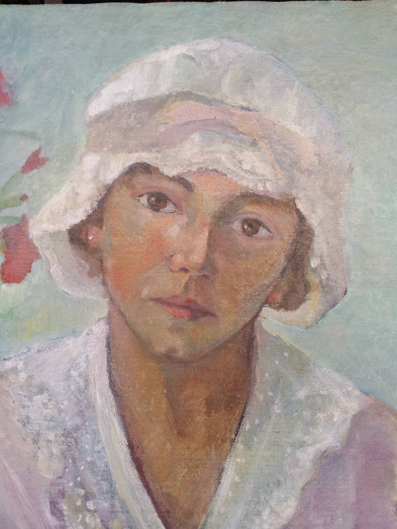 Woman portrait in light-pink and white colour. Oil on coarse canvas. Signed: Hildegard Zoir 1919. H.Z. Swedish female artist born 1876 in the Gothenburg district . . Died in 1935. She studied in New York 1894-5, in Paris 1896-7. Married with Emil
