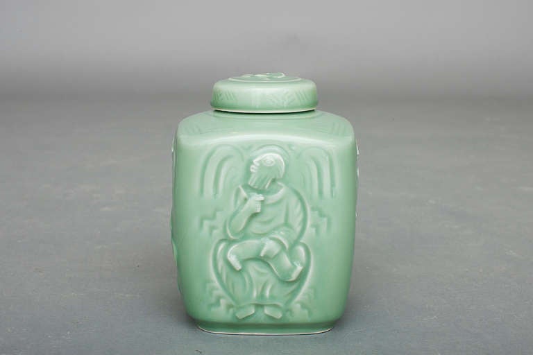 Vase with lid by Jais Nielsen for Royal Copenhagen.
Stoneware and celadon glaze. 
Signed both artist and maker 1935.