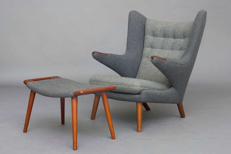 Papa Bear chair with ottoman by Hans J. Wegner for AP Stolen.
Model: AP 19
Design 1954
Teak & wool upholstery.
Fine condition, minimal wear.