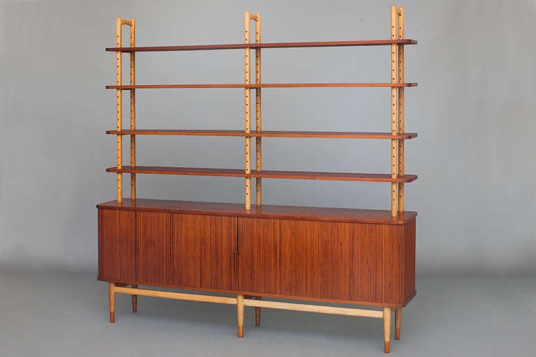 Danish Bookcase with Tambour Cabinet Doors by Arne Vodder for Bovirke