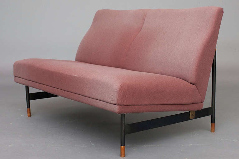 Sofa, 2-seater by Finn Juhl for Bovirke.
Legs of steel with teak shoes, wool upholstery.
Nice used condition, faded upholstery.