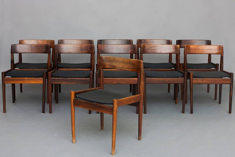 Set of 11 Chairs by Grete Jalk for P. Jeppesen.
Solid rosewood & black fabric.
Nice vintage condition.