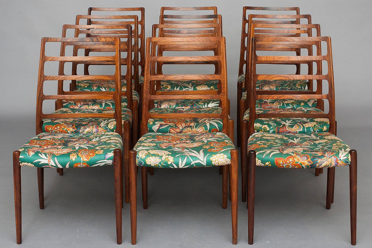 Set of twelve chairs by Niels Otto Møller for J.L. Moller.
Model: NO82.
Solid rosewood.
Nice vintage condition.
Rare model.