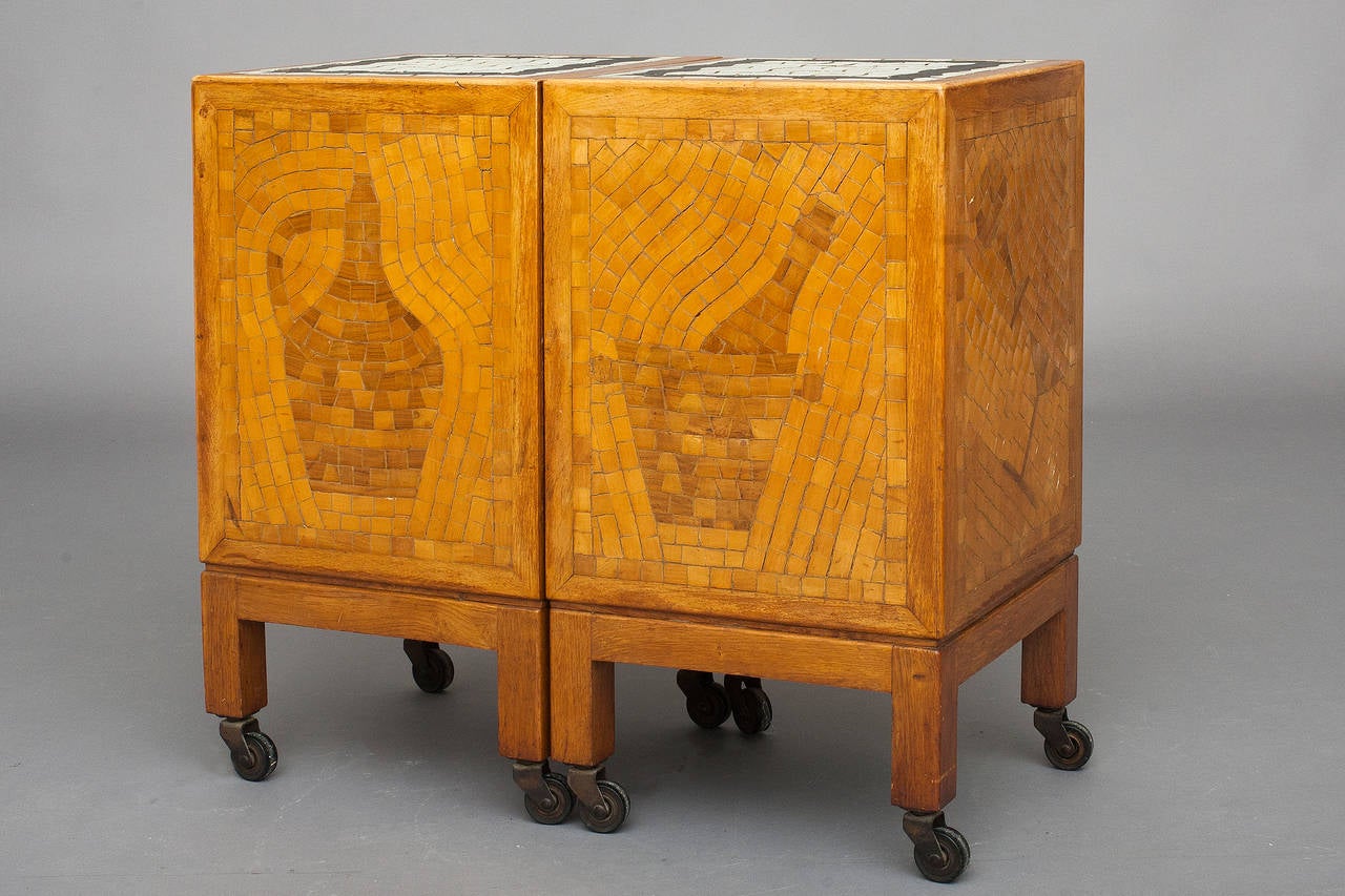 Bar cabinet.
Danish modern.
Oak with inlayed motives. 
Ceramic tile mosaic on the top.
Nice vintage condition.
Circa 1930s.