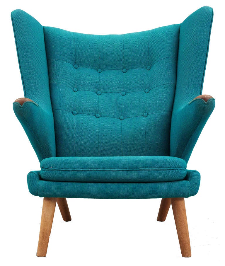 Papa Bear easy chair, model AP-19 with teak armrest and reupholstery, designed 1951
Manufactured and stamped by AP Stolen