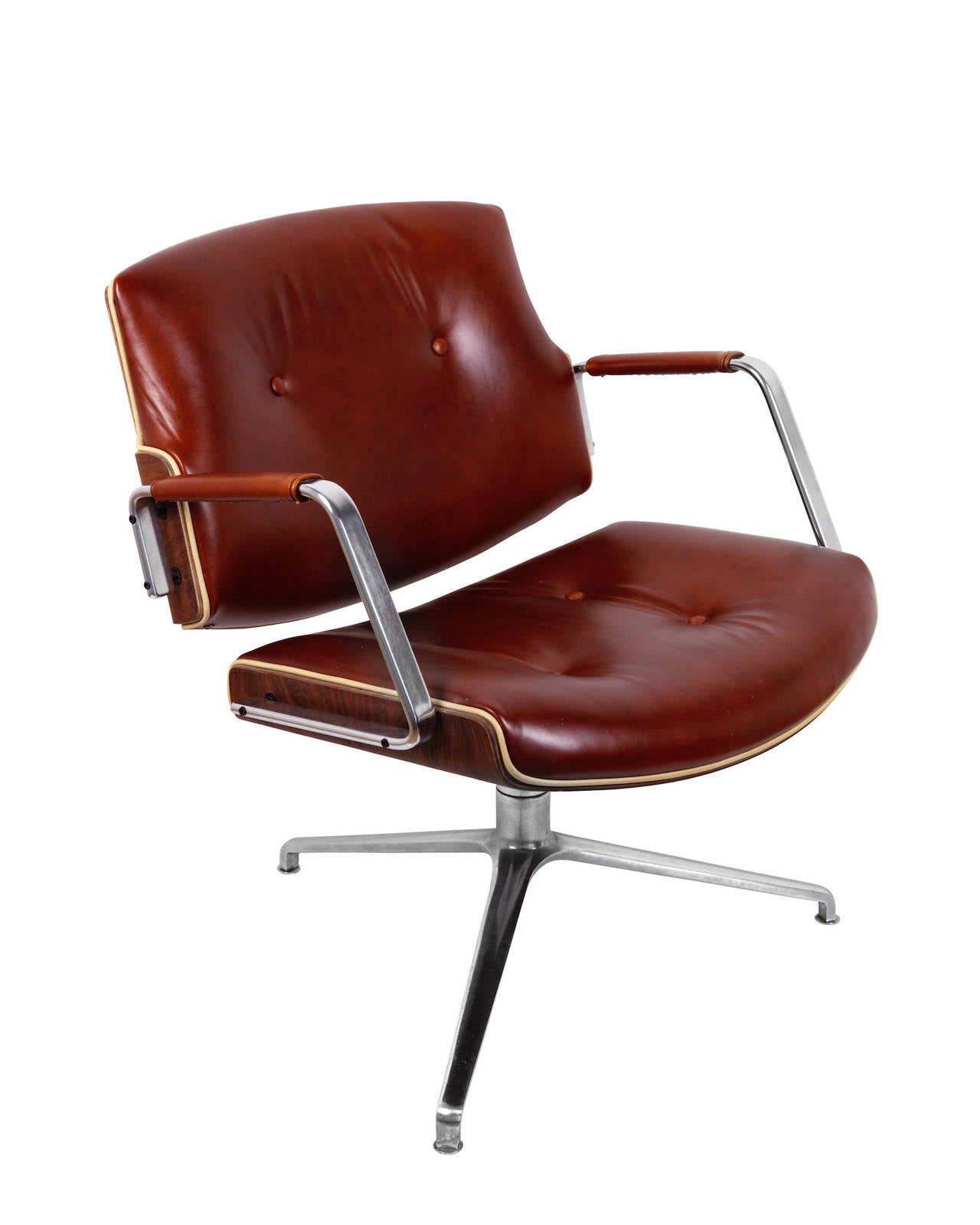 Office chair, model FK-84. Rosewood back, aluminium legs with casters, swivel function. Brown leather upholstery. Produced by Kill International.