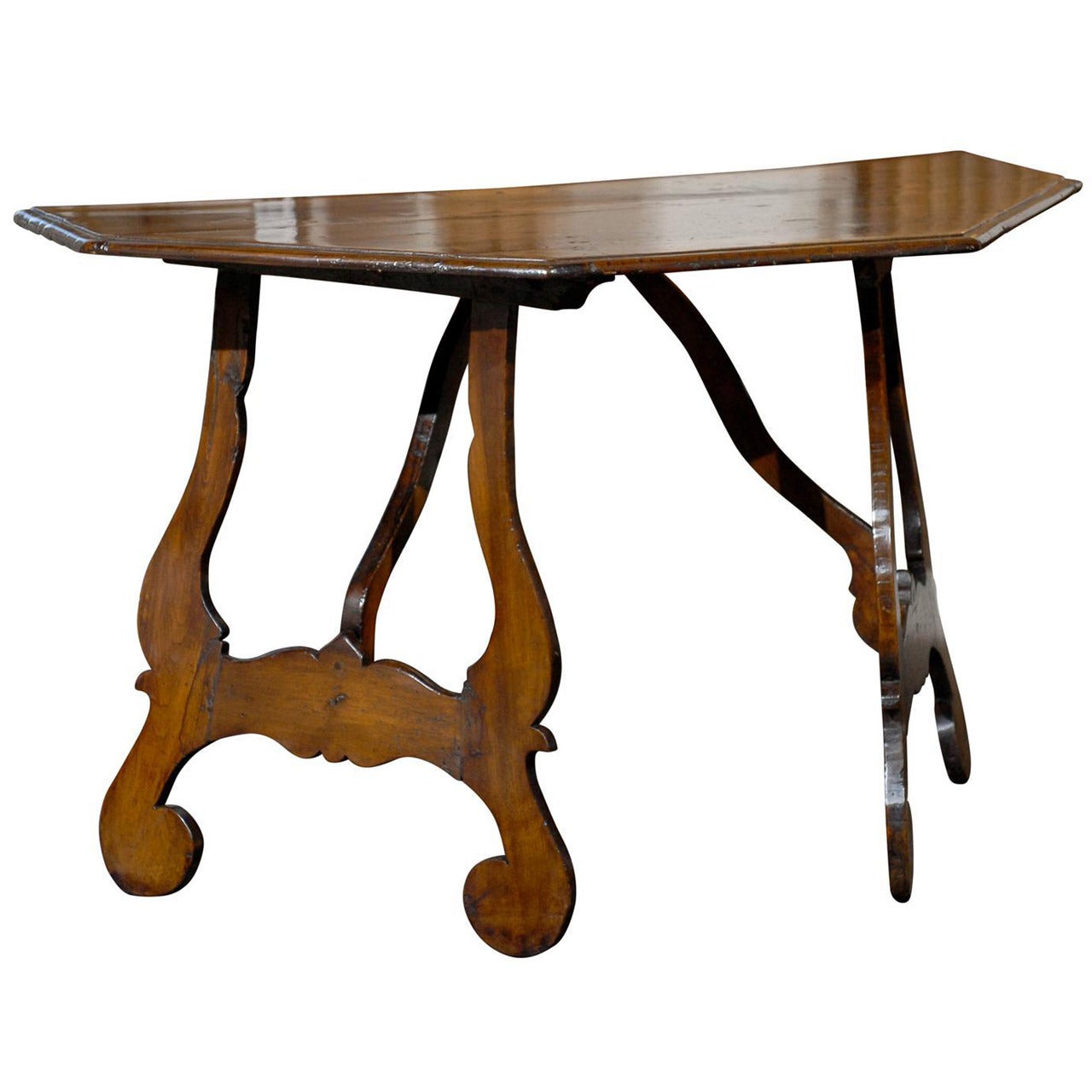 Table console demi-lune italienne du 19ème siècle en noyer avec pieds en forme de lyre