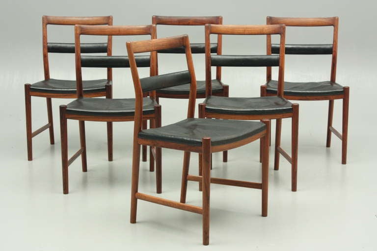 Set of six side chairs in rosewood with original leather. Designed around 1960 by Helge Vestergaard Jensen and produced by Cabinet Maker Peder Pedersen, Denmark. Unique and very rare set of chairs.