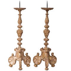 Pair of 18th Century Gilded Wood Altar Candlesticks
