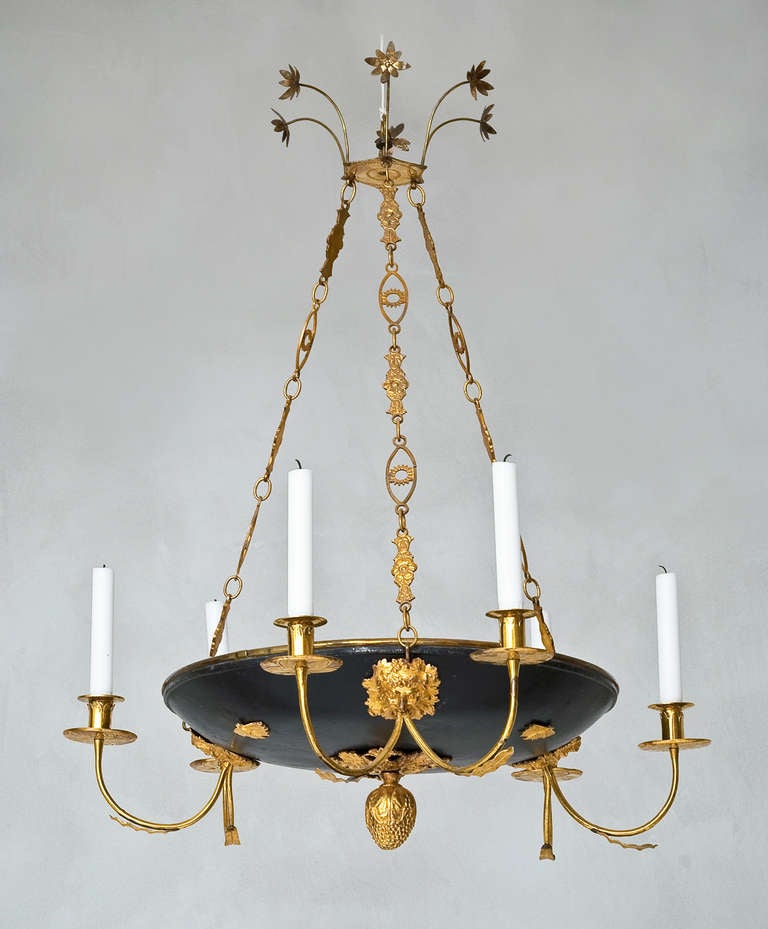 A 19th Century Ormulu and Patinated Bronze Empire Six-Light Chandelier