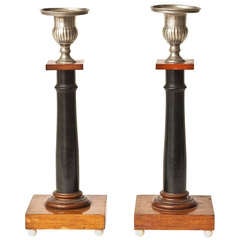 Pair of 19th Century Wooden and Pewter Candlesticks