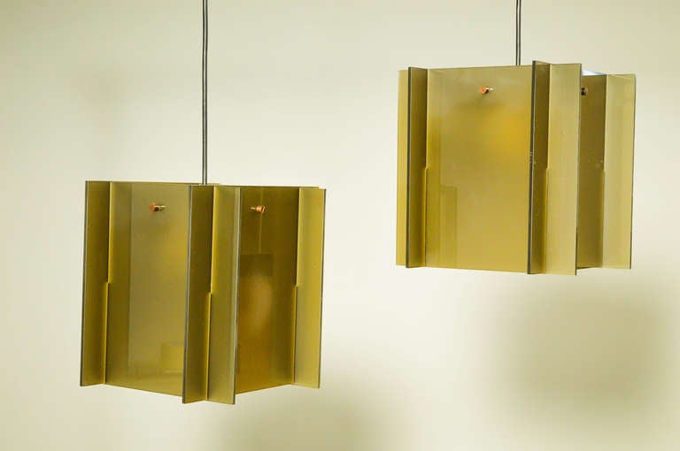 Scandinavian Modern Rare Arne Jacobsen Snack Bar lamps. Smoked Lucite/Brass For Sale