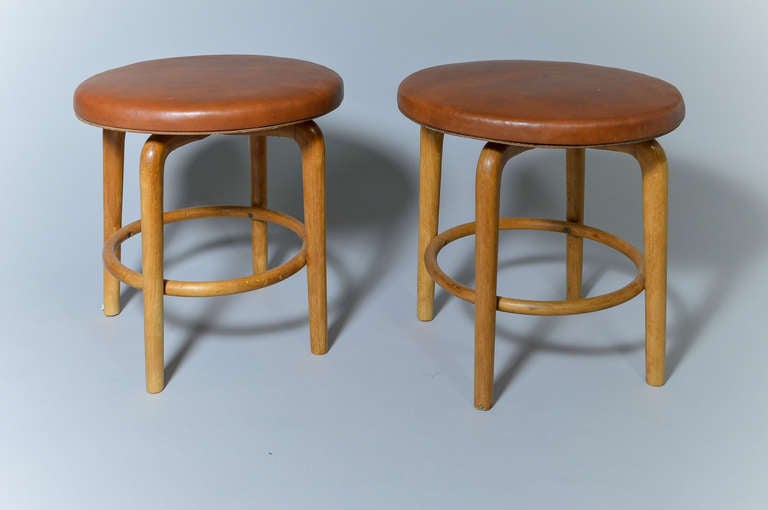 Pair of rare original stools from the Wilhelm Lauritzen studio. 
Designed for his 1939 modernist masterpiece The Danish Radio House these were used in dressing rooms and casual areas. The Radiohouse is a gesamtkunstwerk by Lauritzen who was in