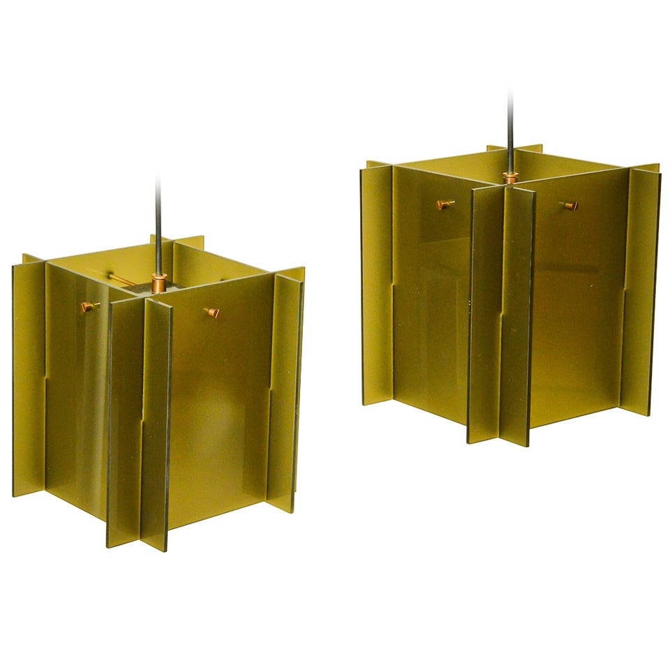Rare Arne Jacobsen Snack Bar lamps. Smoked Lucite/Brass For Sale