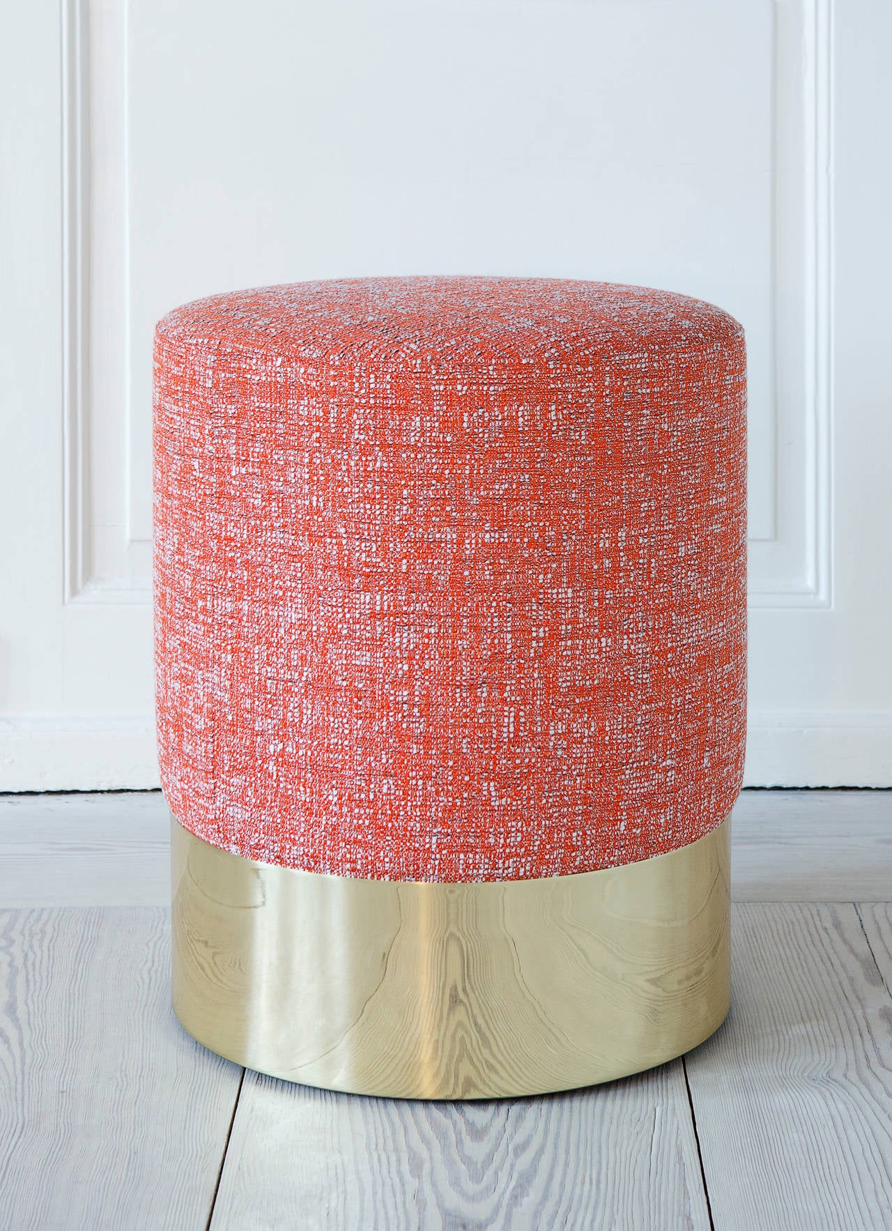 Azucena stool upholstered in tweed textile for The Apartment. Brass base. Designed by Luigi Caccia Dominioni in 1963. Contemporary production by Azucena.