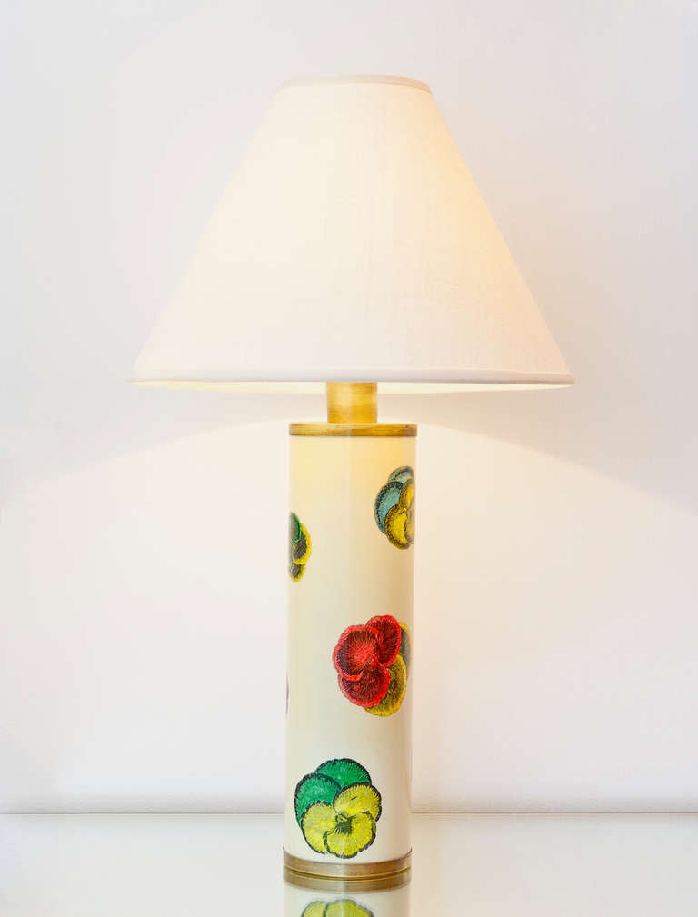 Table lamp in brass and lacquer with beautiful violet pattern. Height is including shade.