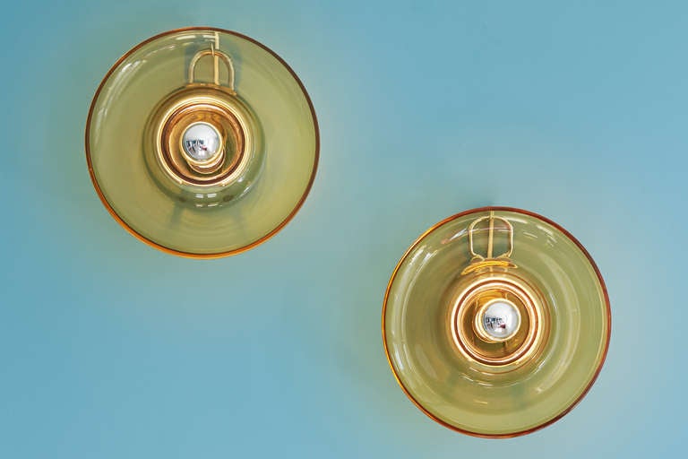 Beautiful pair of Pierre Cardin sconces in tinted glass produced by Venini.