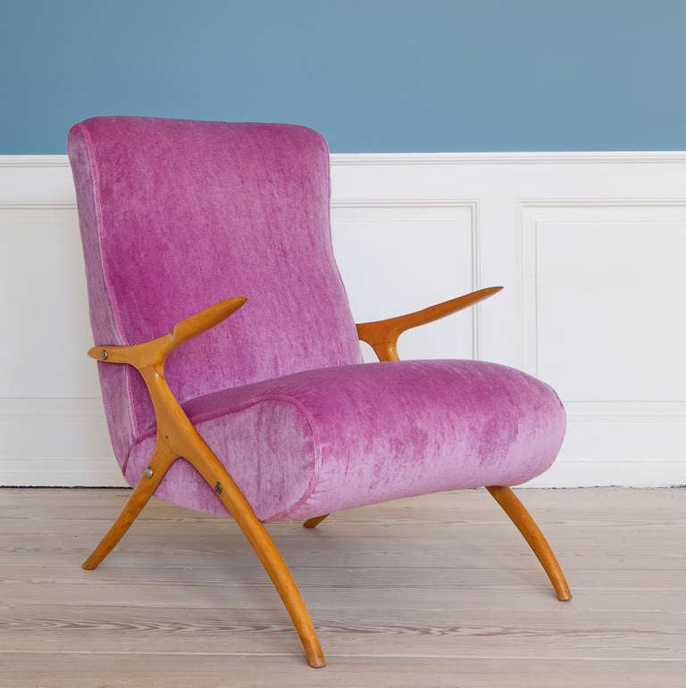 Beautiful Italian 1950's lounge chair. Wooden legs, re-upholstered in Raf Simons for Kvadrat velvet.