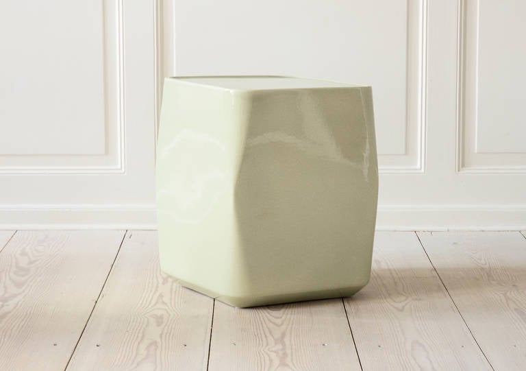 Beautiful glazed ceramic side table in celadon. Elegant rectangular shape with rounded corners.