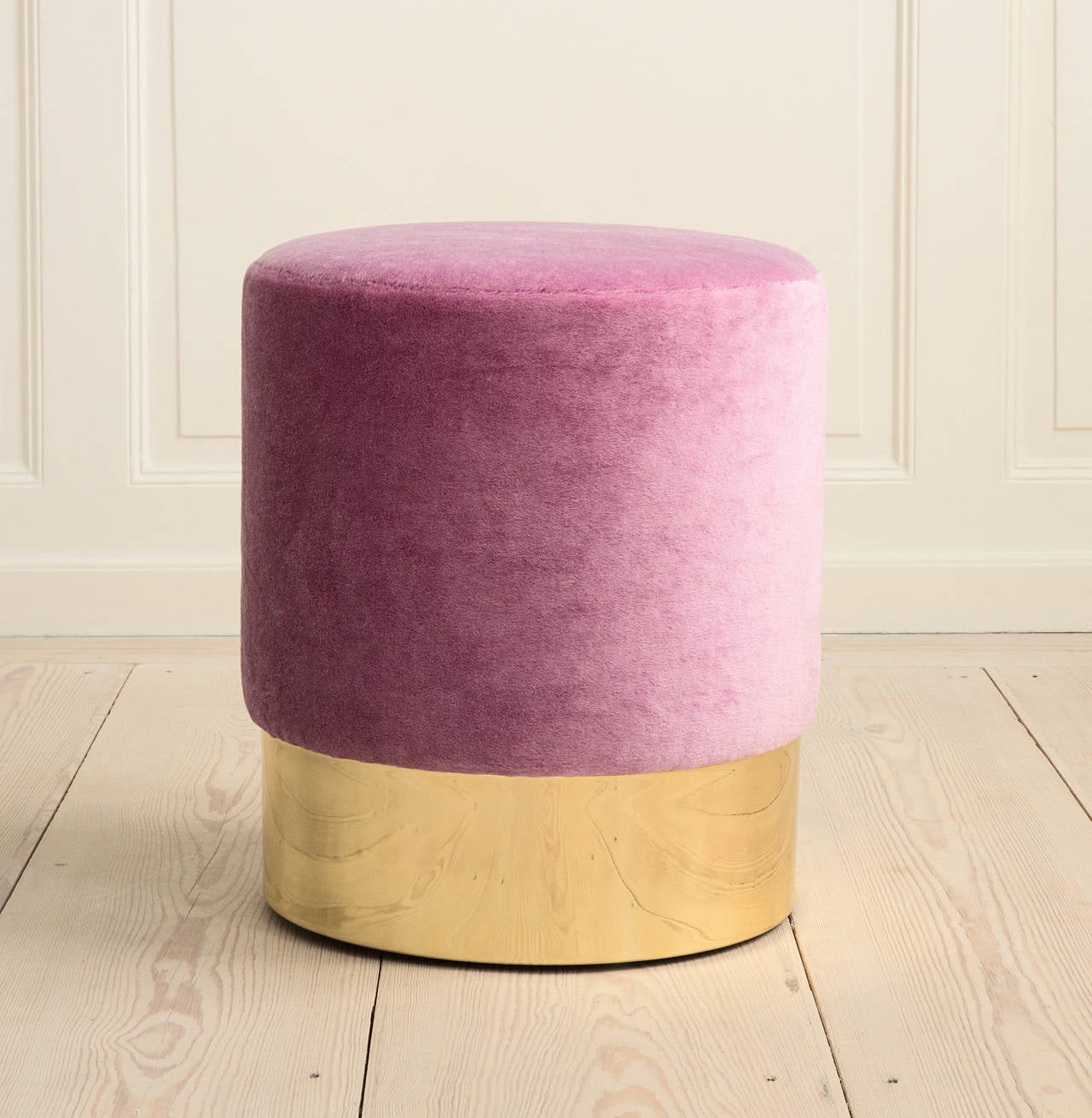 Azucena stool upholstered in Raf Simons Kvadrat textile for the apartment. Brass base. Designed by Luigi Caccia, Dominioni in 1963. Contemporary production by Azucena.
