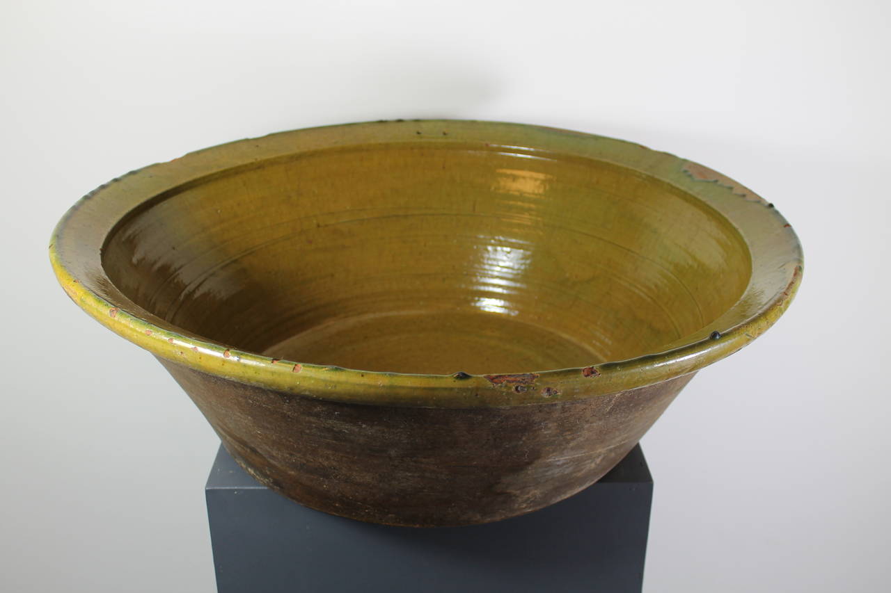 Large Terracotta Bowl, Yellow Glazed, Spanish, 19th Century