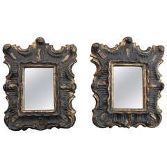 Pair of Small Italian Wood-Carved, Polychromed and Gilded Mirrors, 18th Century