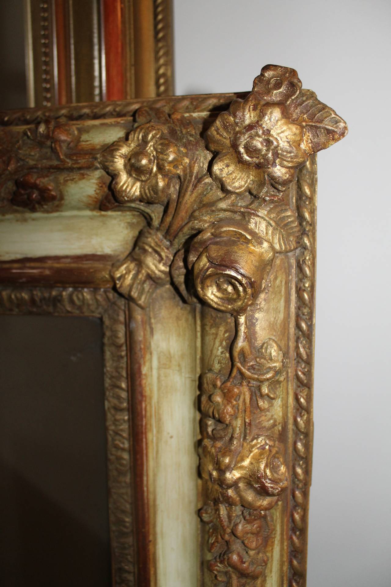 French Mirror, Polychromed and Gilded, Original Glass