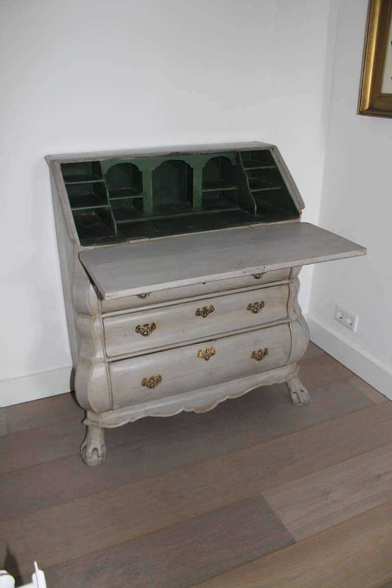 Grey Painted Dutch Folk Art Secretaire, 18th Century, With 3 Drawers And A  Green Painted Interior (With A Secret Spot).