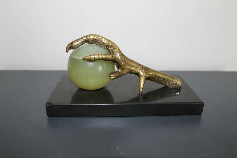 Press Papier, Bronze Eagle Claw with a Green Onyx Ball on a Black Marble Base