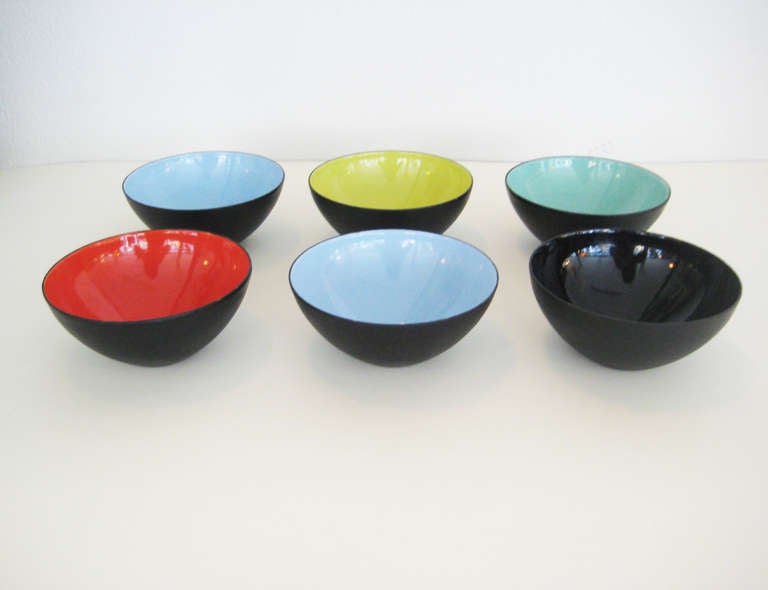 Enamel Krenit bowls by Herbert Krenchel. Six bowls in various colors.