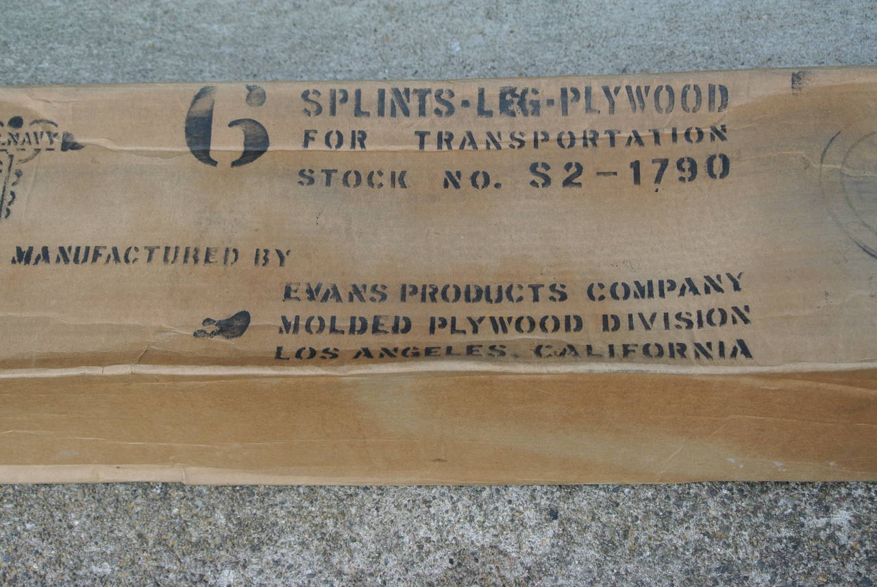 Charles Eames for Evans Products Rare Set of Six Dept of the Navy Issue unopened molded plywood leg splints. All six are in the original box and packing with all but one having original tags intact.