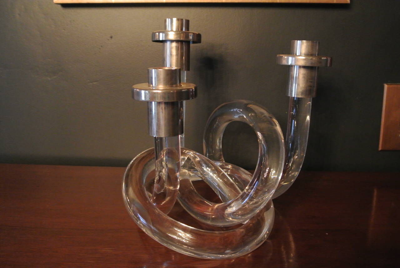 Molded Lucite Candlestick holder w. Three Silver caps by Dorothy Draper.