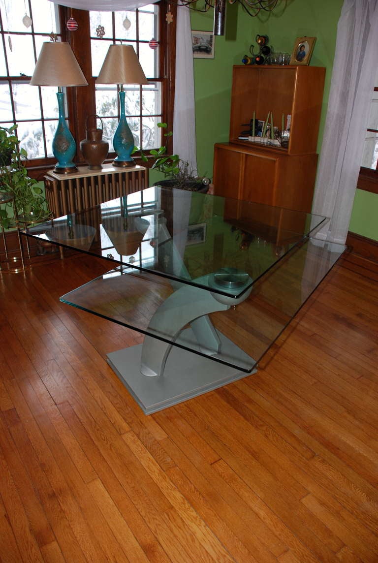 American Maurice Villency Sculpted Swivel Expandable Glass and Steel Dining Table For Sale