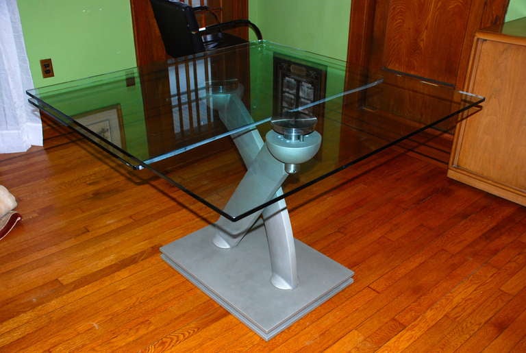 Maurice Villency Sculpted Swivel Expandable Glass and Steel Dining Table For Sale 2