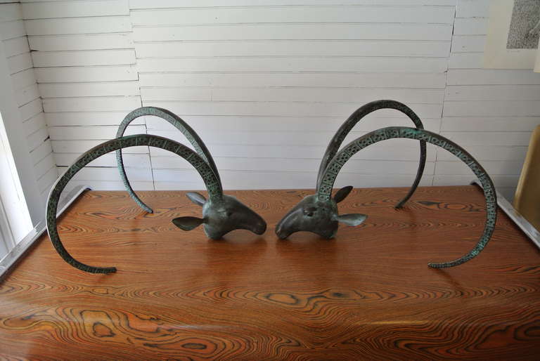 Pair of Beautifully Sculpted Oxidized Brass Rams Horn Coffee Table Base. In the manner of Leon Francois Chervet