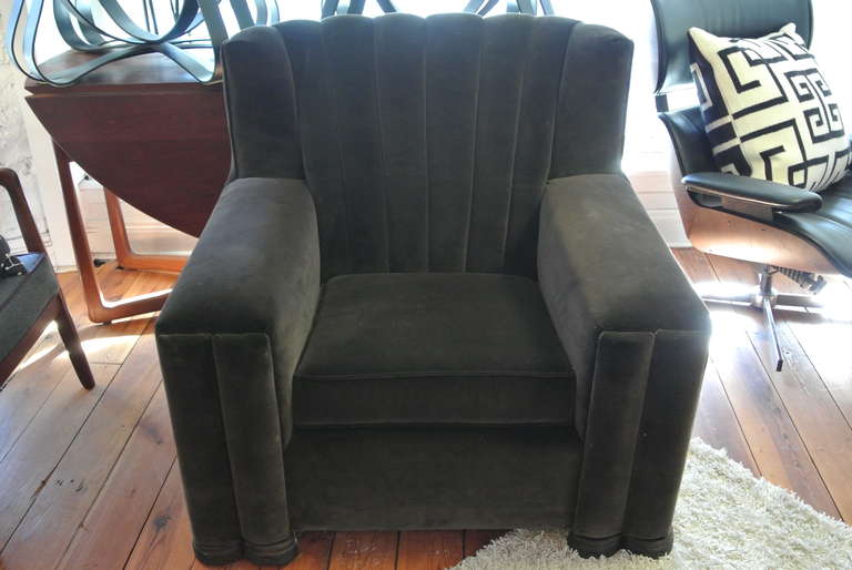 20th Century Art Deco Club Velvet Club Chair with Carved Wood Legs