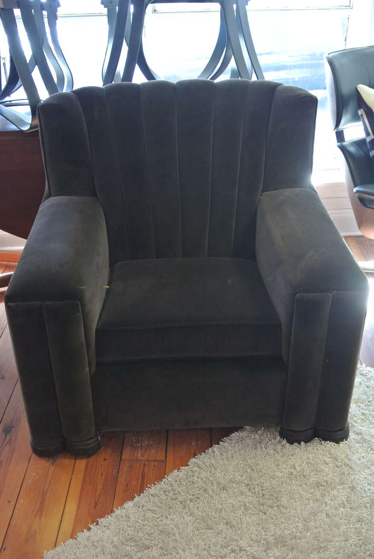 Art Deco Club Velvet Club Chair with Carved Wood Legs In Excellent Condition In Morristown, NJ